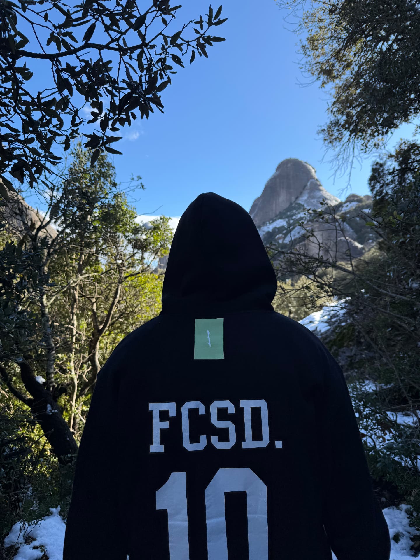 Sudadera FOCUSED. 10 negra con la etiqueta menta, vista desde atrás en la montaña nevada